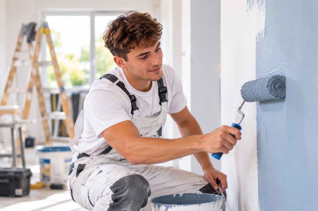 Maler streicht eine Wand