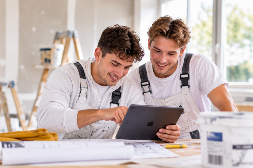 Zwei Maler planen am Tablet