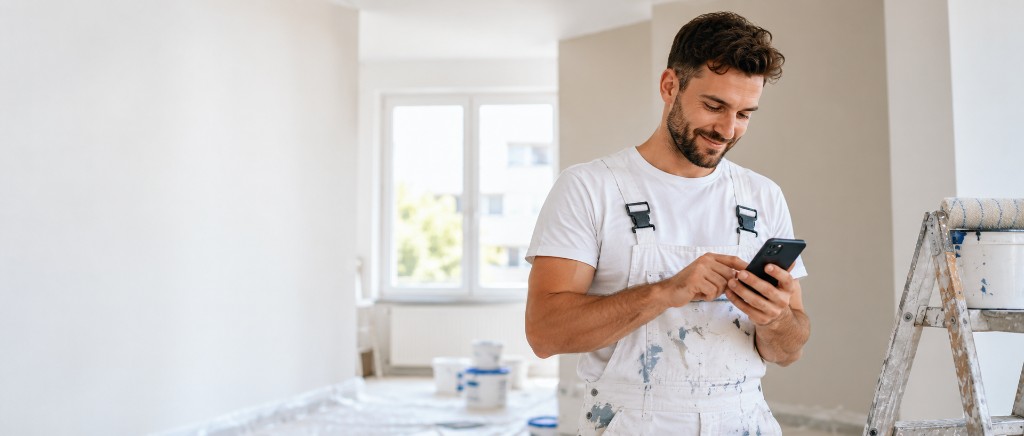 Maler schaut auf der Baustelle aufs Smartphone